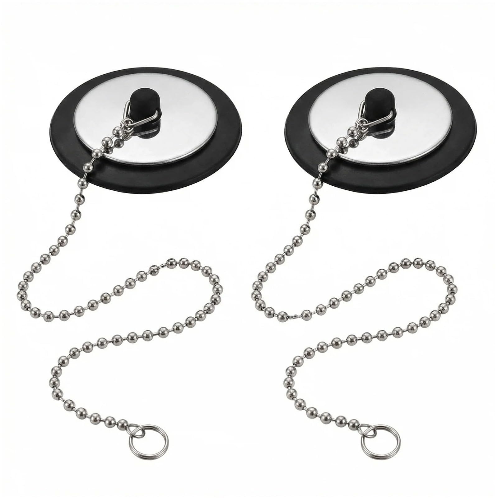 2 Pack Universal Bath Plug with Chain, 43mm Rubber Drain Stopper with Chrome Metal Cap, Fits 1-3/4 Inch Sink & Bathtub Holes, Bathroom & Kitchen Plug Replacement