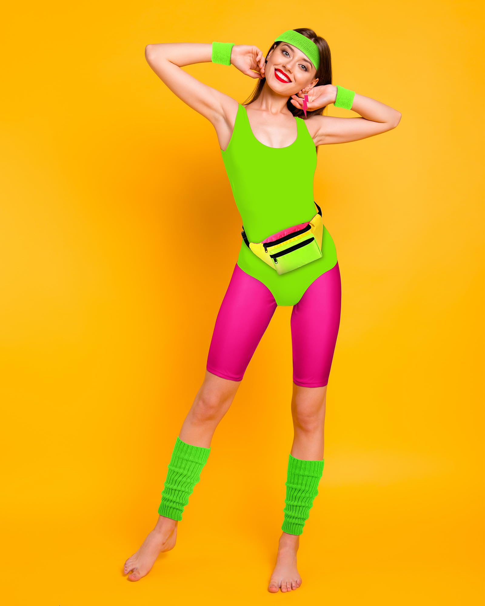 Zhanmai Women 80s Workout Costume Outfit Accessories Set Leggings Headband Wristbands Fanny Leg Warmers Earrings for Party (Vivid Colors,Large)