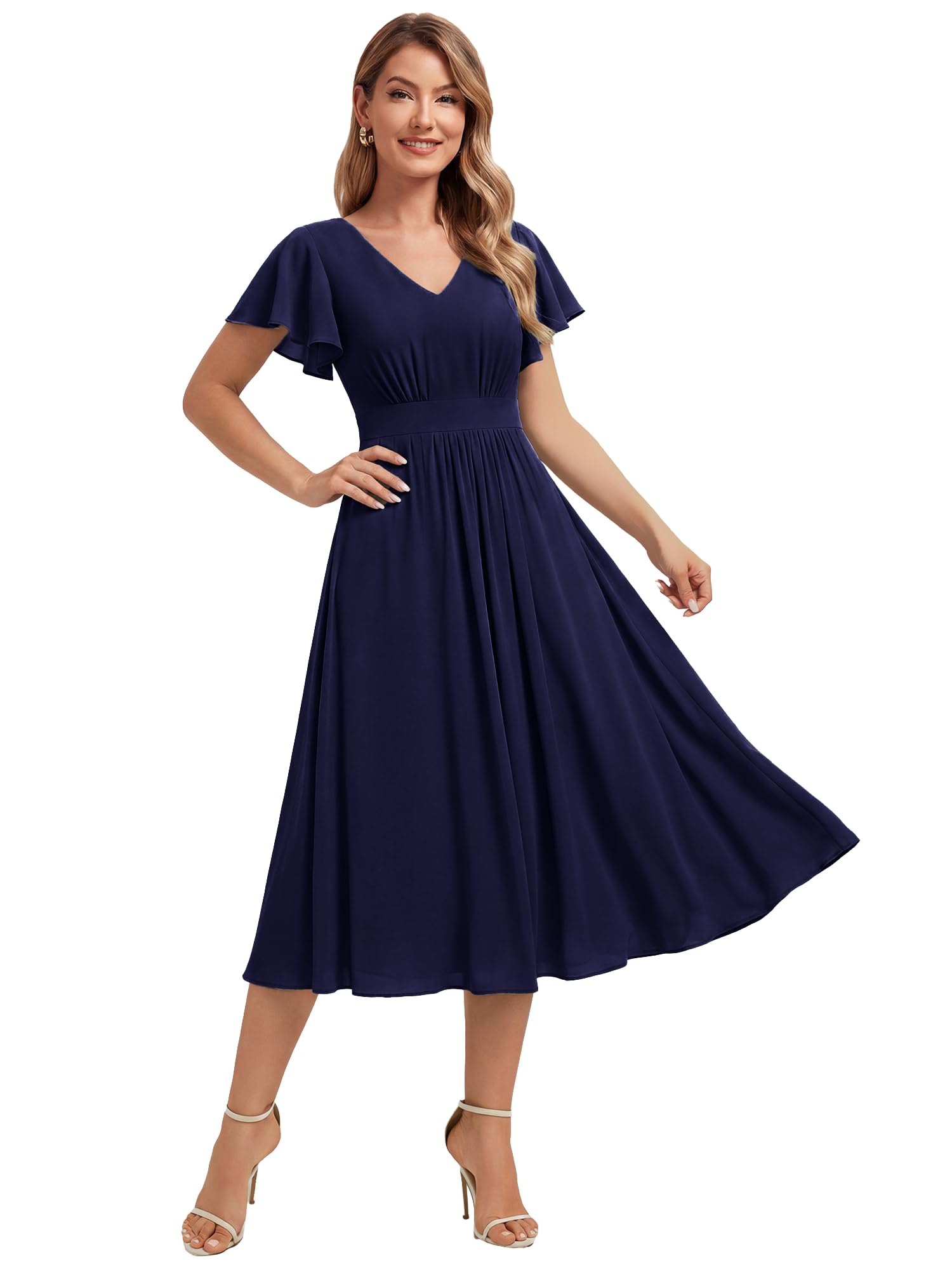 Ever-Pretty Robe Invitée Mariage Élégante Col V Manches Papillon Imprimé Floral Midi pour Soirées EG02744