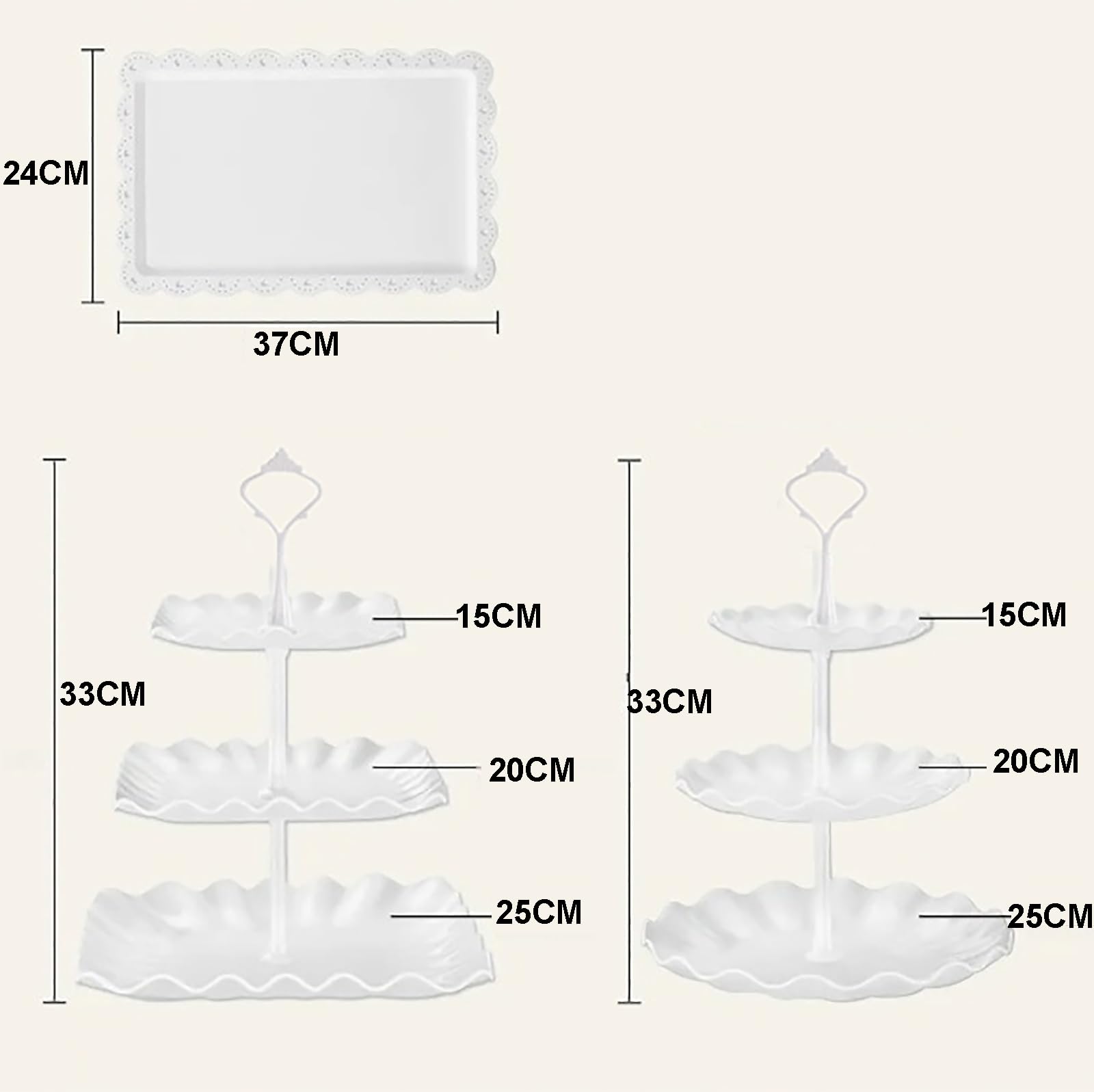 Alzata in plastica a 3 ripiani, 10 pezzi, per feste, caramelle, buffet, dessert, tè, piatti da portata (bianco)