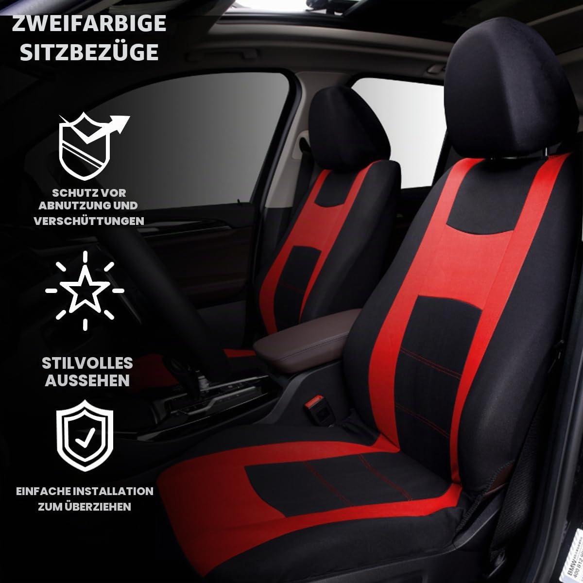 JNNJ 9 Stück Autositzbezüge Kompletter Satz, Klassisch Autositzbezüge Sitzschoner Auto Schonbezug Autositz, Sitzbezügesets Autositzbezüge Set Für 5 Sitzer(Rot)