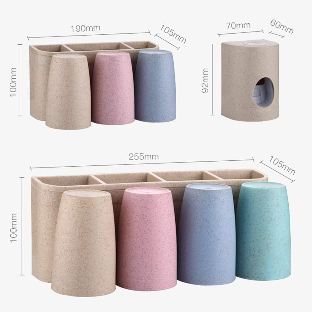 Wall Mounted Toothbrush Holder, Natural Wheat Straw Bathroom Storage Set / Eco-Friendly Anti-dust No Drill Cup Hanger with Automatic Toothpaste Dispenser - 4 Cups with Dispenser