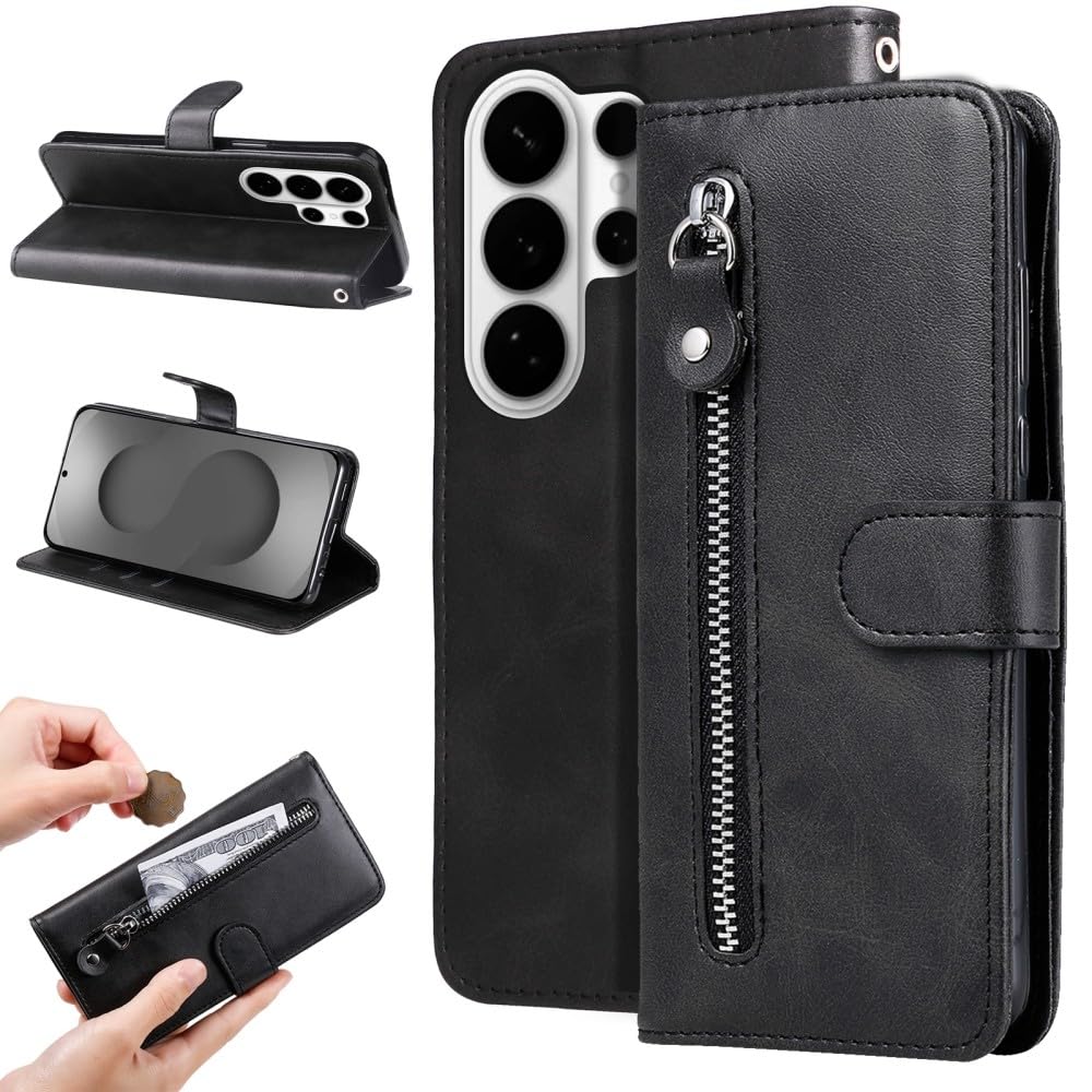 Generic Custodia Compatibile con Samsung Galaxy S25 Plus (Nero) Porta Zip Pelle Portafoglio Flip Cover Posteriore