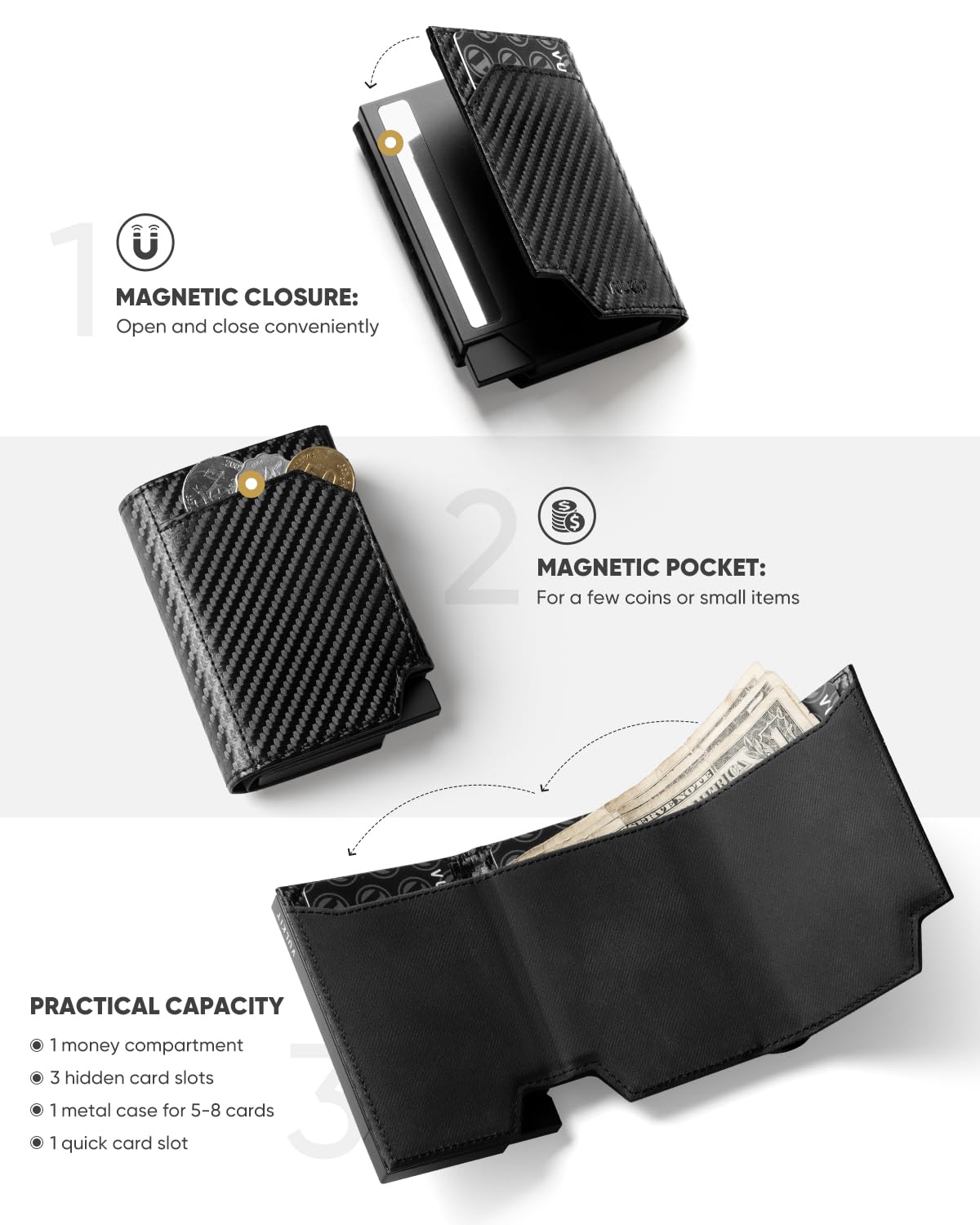 VULKIT Carteras para Hombre Pop Up RFID Bloqueo Cartera Tarjetero Hombre Piel Tarjeteros Monedero con Porta Monedas Tríptico Billeteras para Billetes, Fibra de Carbono