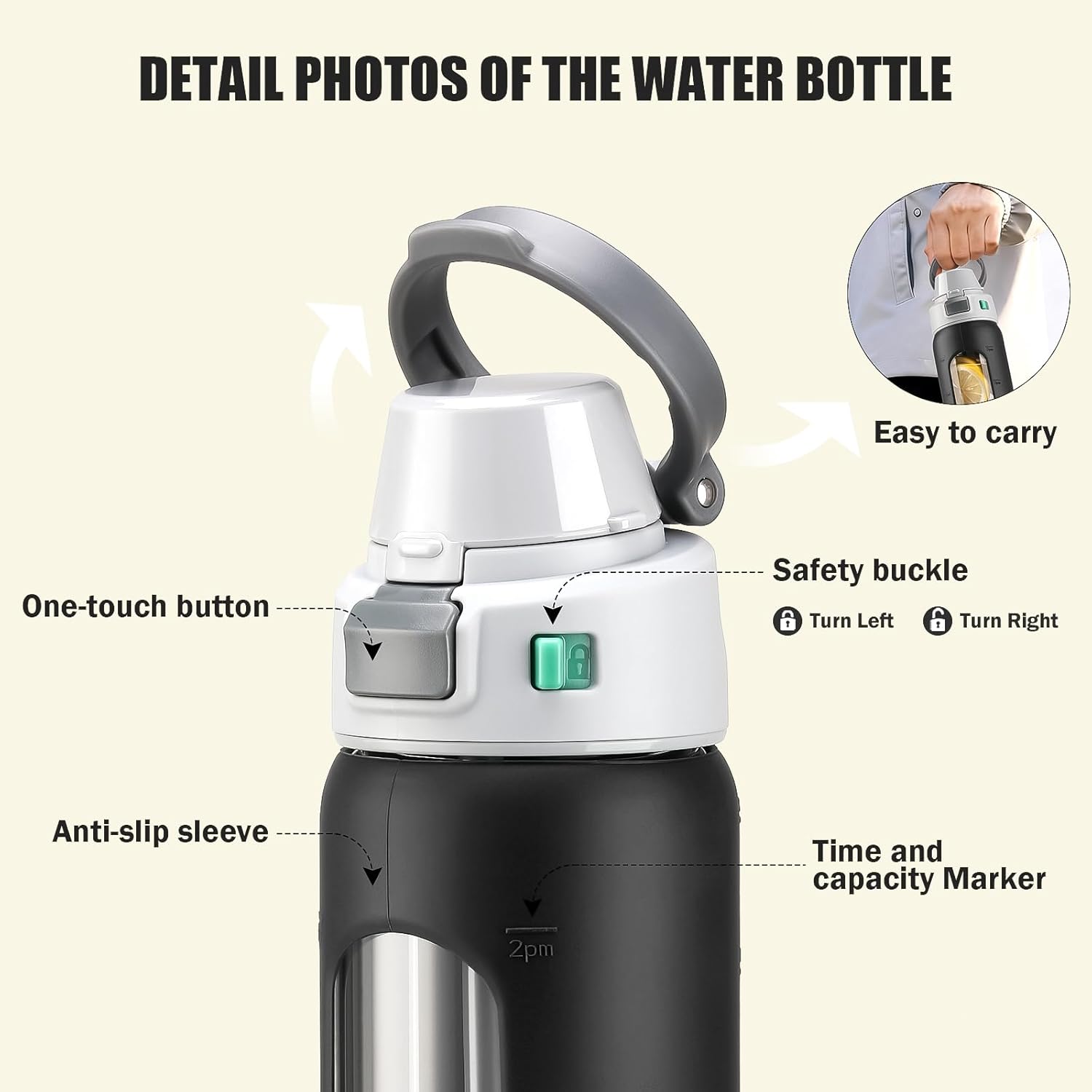 MUKOKO 2-in-1 Borosilicate Glass Water Bottle with Straw for Sports and Travel, 24oz Drinking Bottle with Silicone Sleeve, BPA Free, Leak Proof, Black