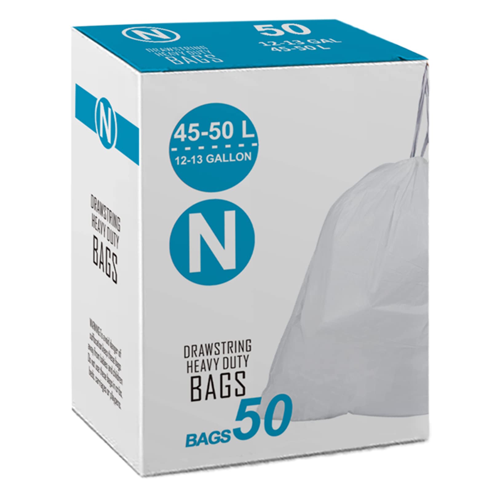 Code N Heavy Duty Drawstring Trash Bags 1.2 MIL THICK | Compatible with simplehuman Code N | White Garbage Can Liners (50 Count) 11.9-13.2 Gallon / 45-50 Liter Heavy Duty Plastic Trash Bags
