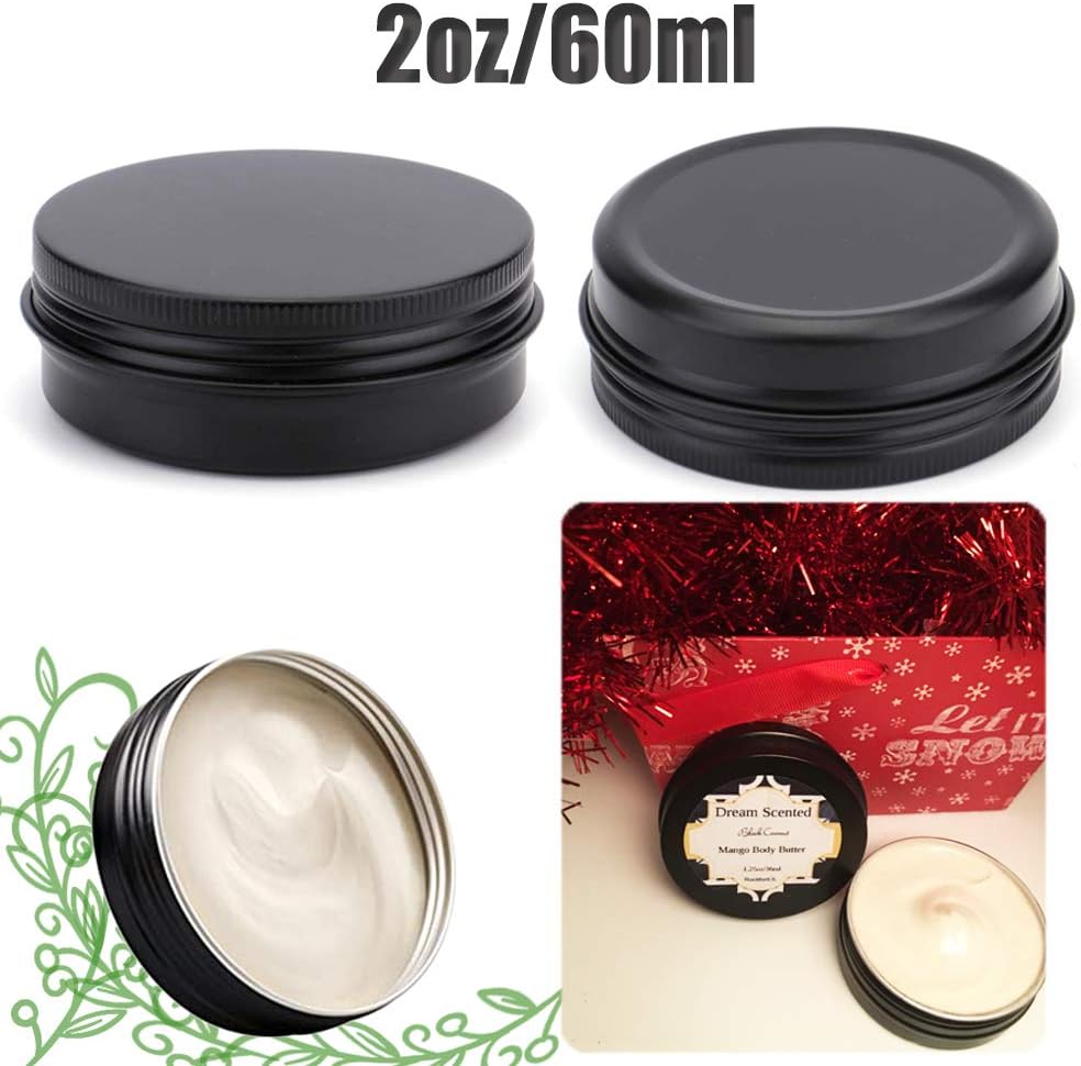 12 Pack 2 oz Aluminum Tin Jar 60 ml Round Refillable Containers,Black Aluminum Cosmetic Sample Containers with Screw Lid for Spice,Salve,Powder or Candies