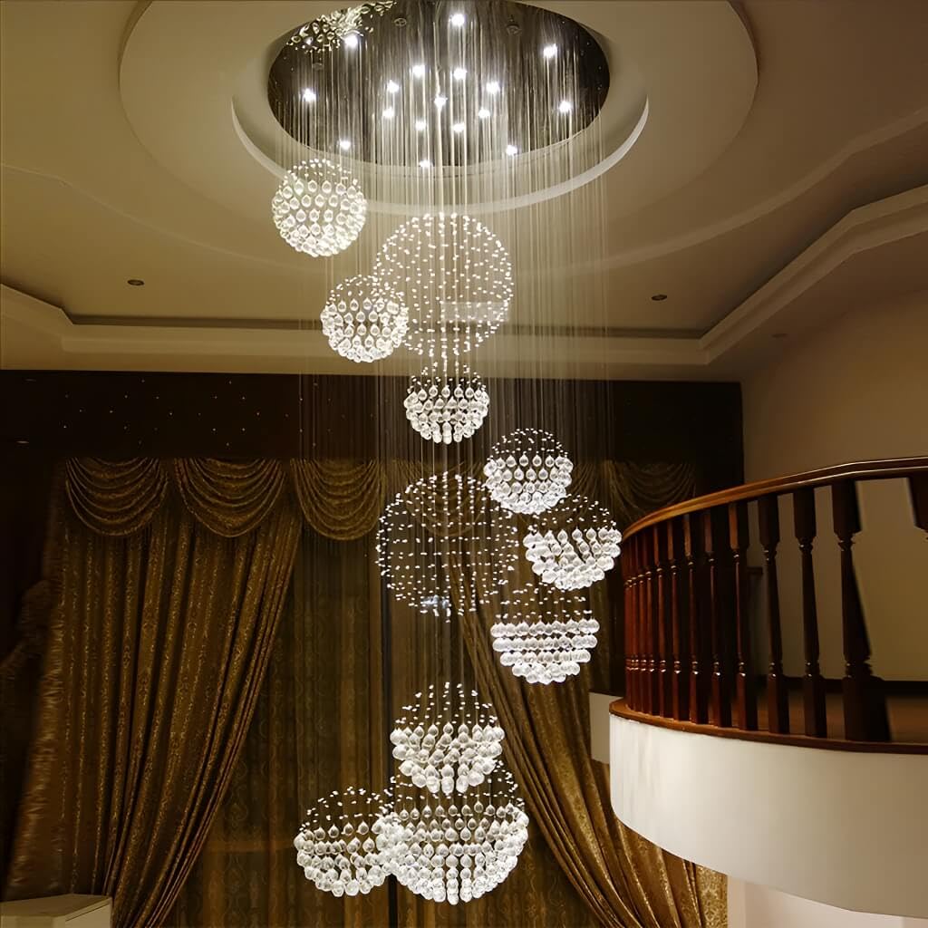 Luxury Large Foyer Chandelier, Spiral Sphere Raindrop Crystal Modern High Ceiling Flush Mount Light, Large Staircase Chandelier for Entryway Hallway Entrance, D31.5'' x H110''