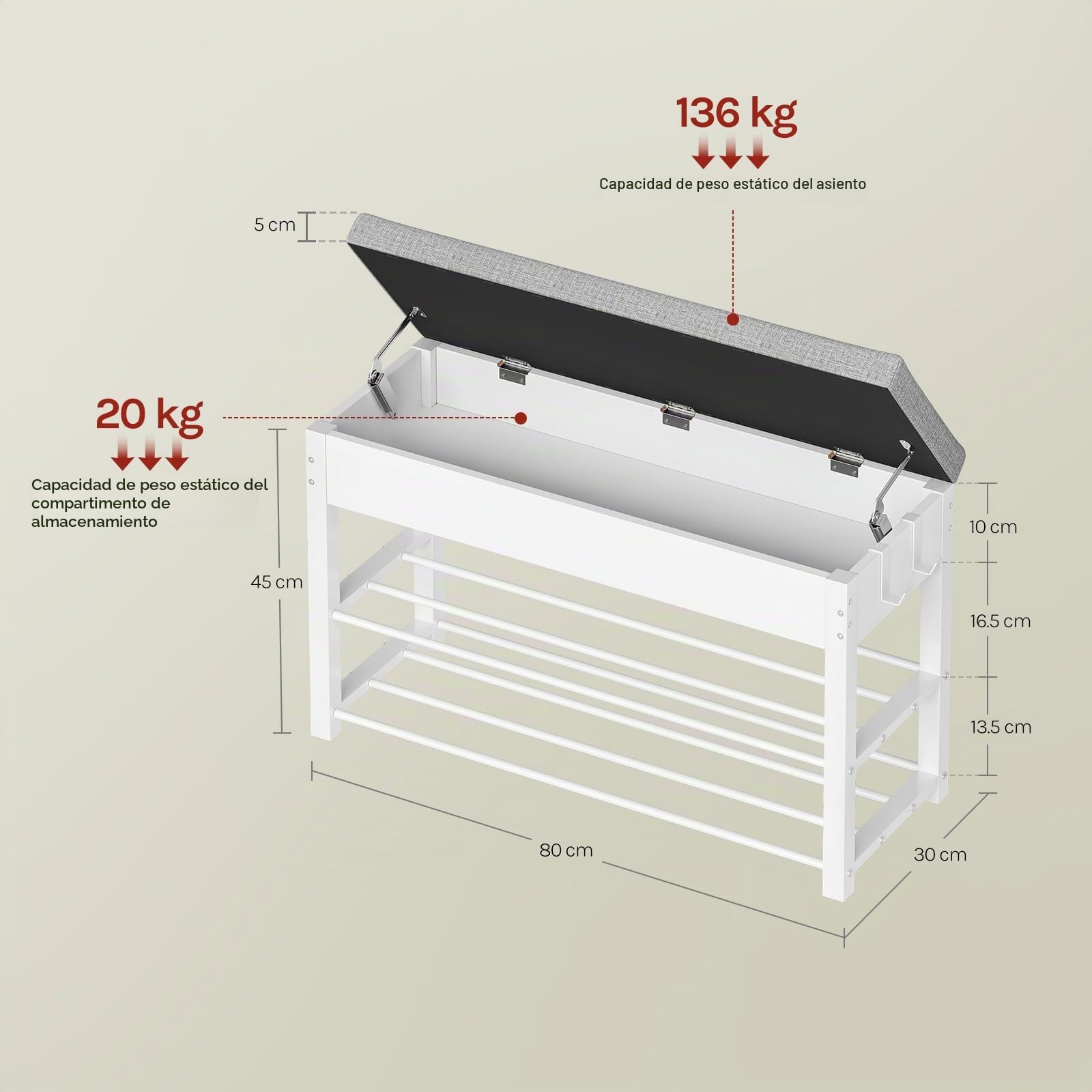 WOLTU Zapatero con Asiento Acolchado, Banco Zapatero de 2 Niveles, 1 Zona Oculto y 2 Ganchos, Organizador para Zapatos, Estructura Metálica, para Entrada o Pasillo, 80x30x50 cm, Blanco+Gris Claro