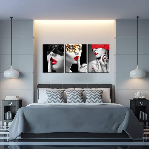 Miniatura 4 de iKNOW FOTO Decoración de dormitorio para mujer, diseño de labios rojos y negros, arte de pared, arte de pared para baño, póster de moda con marco