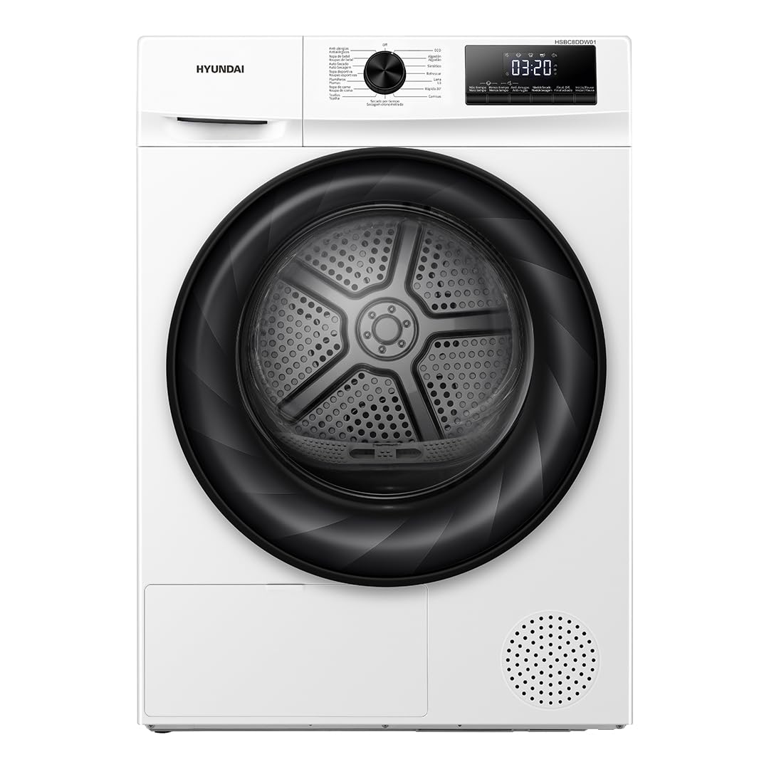 Hyundai Secadora Bomba de Calor, 8kg, Carga Frontal, Blanco, HSBC8DDW01. 650W, 15 Programas, Función Antiarrugas, Tambor Waterdrop, Display LED, Clase D