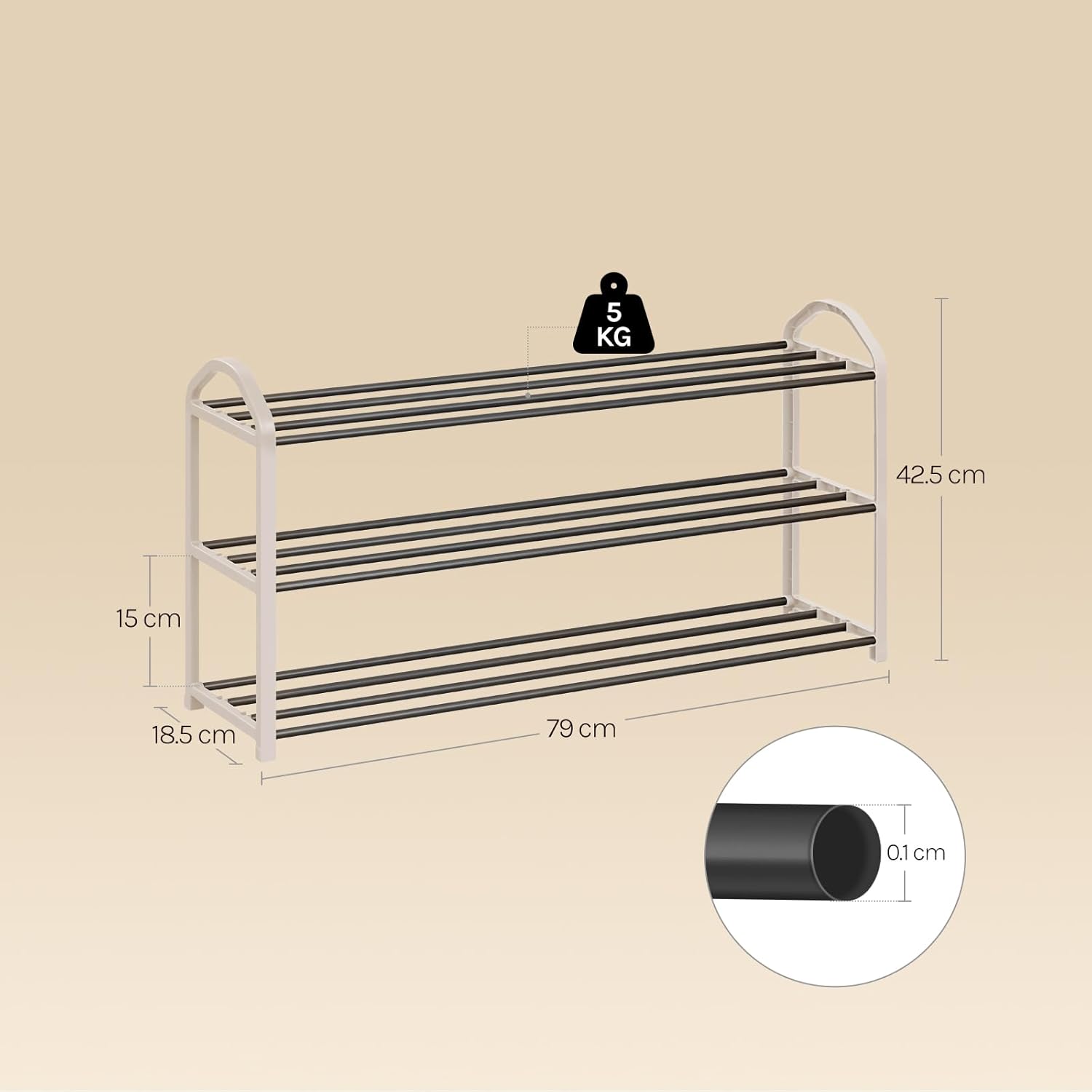 Diagram showing the dimensions of the WOLTU 3-Tier Shoe Rack: 79cm length, 19.5cm width, 45cm height