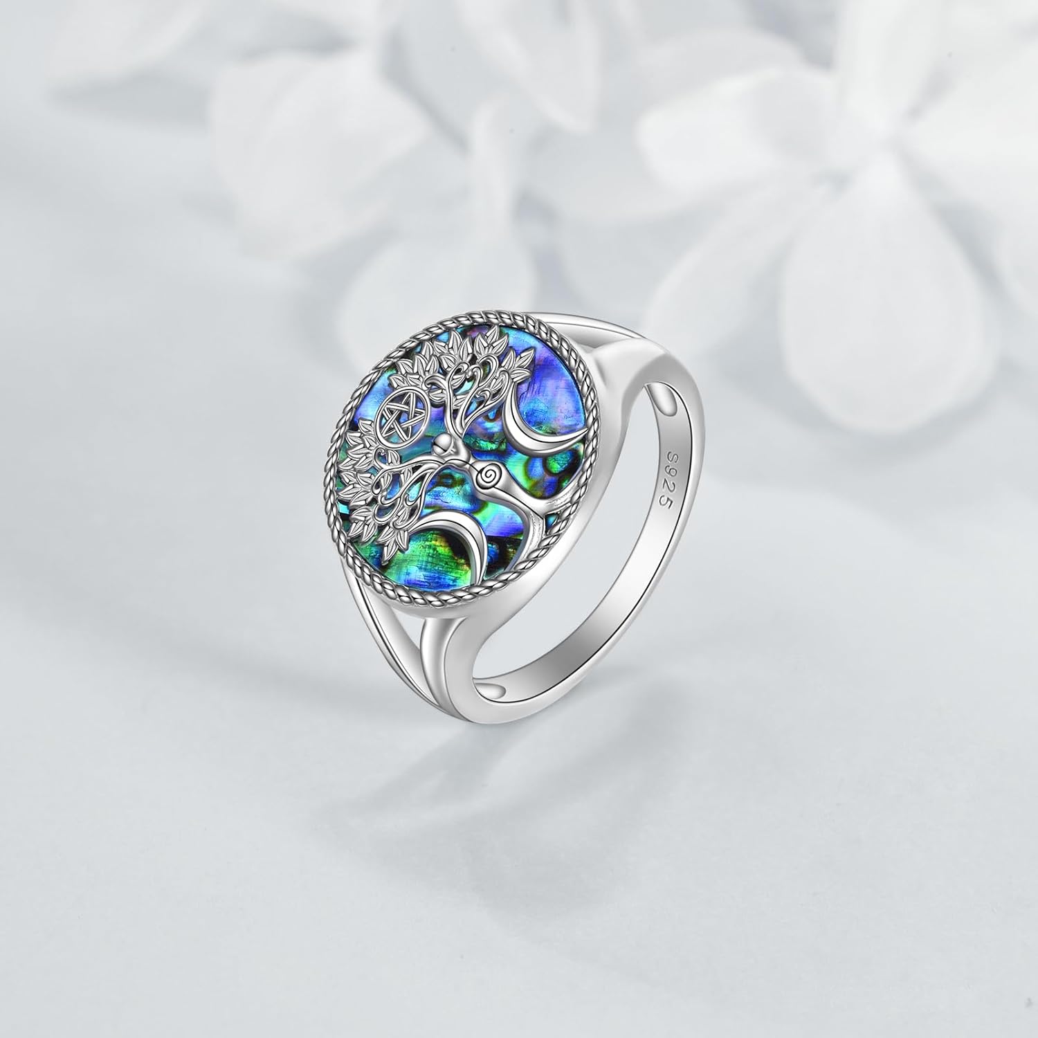 YAFEINI Triple Moon Goddess Rings Sterling Silver Pentagram Pentacle Ring Pagan Wiccan Magic Amulet Tree of Life Jewelry Gift for Women Men