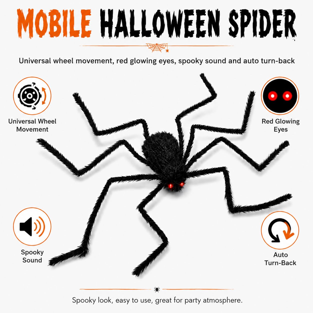 Duży Ruchomy Pająk Halloween, Dekoracja z Czerwonymi LED i Dźwiękiem
