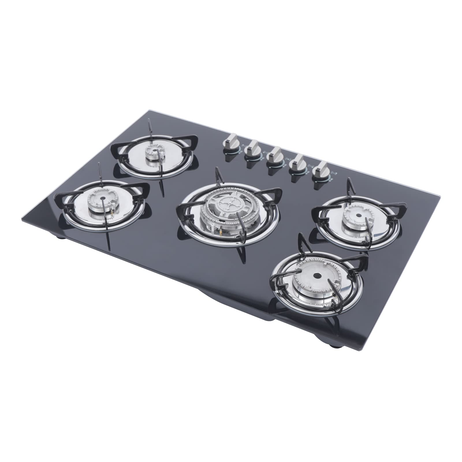 5 Flammen Gaskochfeld, 76 * 51 * 7CM Einbauherd Gaskochfeld Gas Kochplatte Aus Gehärtetes Glas Gas Kochfeld Camping Wohnmobil Küche mit Feuer Abdeckung für Häuslichen Restaurants Häusern
