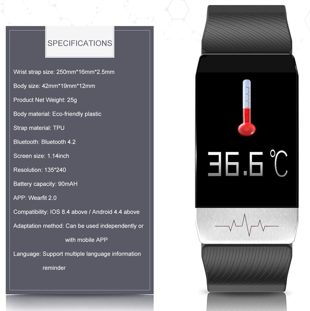 T1 Smart Band, Smartwatch Misurazione della Temperatura, ECG Fitness Tracker, Heart Rate Monitor Pressione sanguigna Ossigeno Sleep Health Monitoring Pedometro Watch IP67 Impermeabile (Nero)