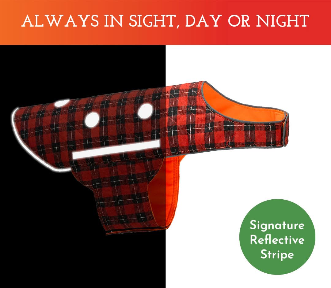 SPOT THE DOG! Reflective Dog Vest - Adjustable Dog Safety Vest, High Visibility Fluorescent Apparel for Dog Walking, Dog Hiking and Camping, Hunting Dog, On or Off Leash (Blaze Orange, Red Plaid, L)