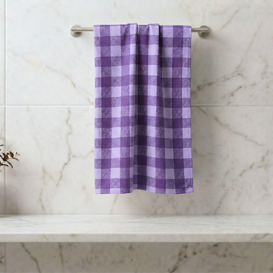 Athom Living Premium Cotton Light Weight Quick-Dry High Absorbent Cotton Bath Towel Purple Checks, 75x150 Cm (Pack of 1)