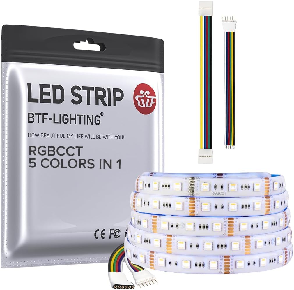 BTF-LIGHTING RGBCCT 5 colori in 1 LED 5050 RGBWW RGB+Dimmergibile Temperatura colore regolabile 2700K-6500K 5M 60LED/m 300LEDs Luci a nastro LED multicolore IP65 DC12V(senza adattatore o controller)