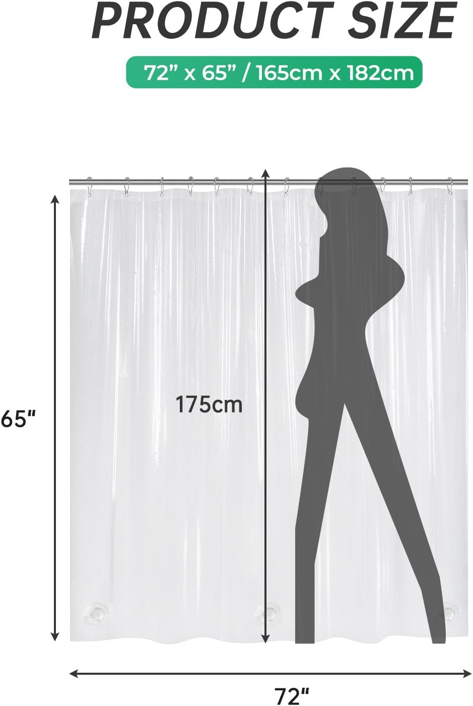 AmazerBath Short Shower Curtain Plastic, 72 x 65 Inches PEVA Clear Shower Curtain, Waterproof Heavy Duty Thick Bathroom Curtain with 3 Big Clear Weighted Stones and 12 Rustproof Grommet Holes