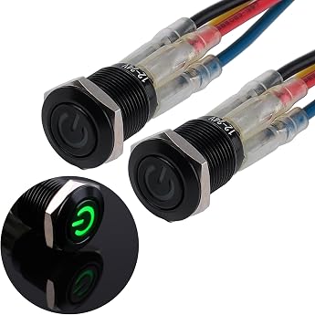 2 x 12 mm Momentary Waterproof Pressure Switch 12 V to 24 V 2 A IP66 Button with LED Lighting Black Metal Housing Momentary Push Button with Connecting Wires for Car DIY Car Motorcycle Green