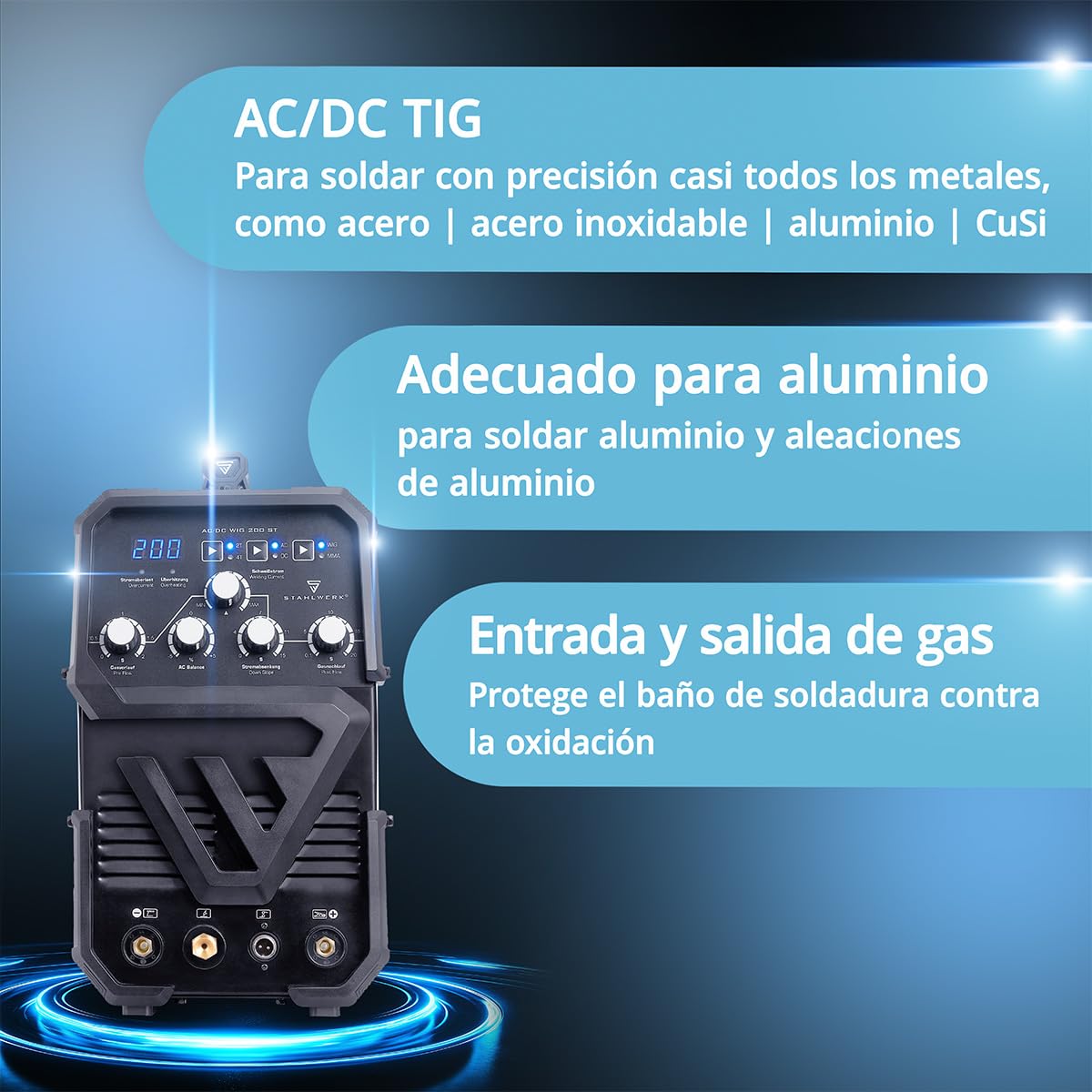 STAHLWERK Soldador combinado 2 en 1 AC/DC TIG 200 ST – Máquina de soldar TIG & MMA (Electrodo/ARC) hasta 200 A, encendido HF, Hotstart, Anti-Stick, modo 2T & 4T, soldadura AC TIG para aluminio, IGBT