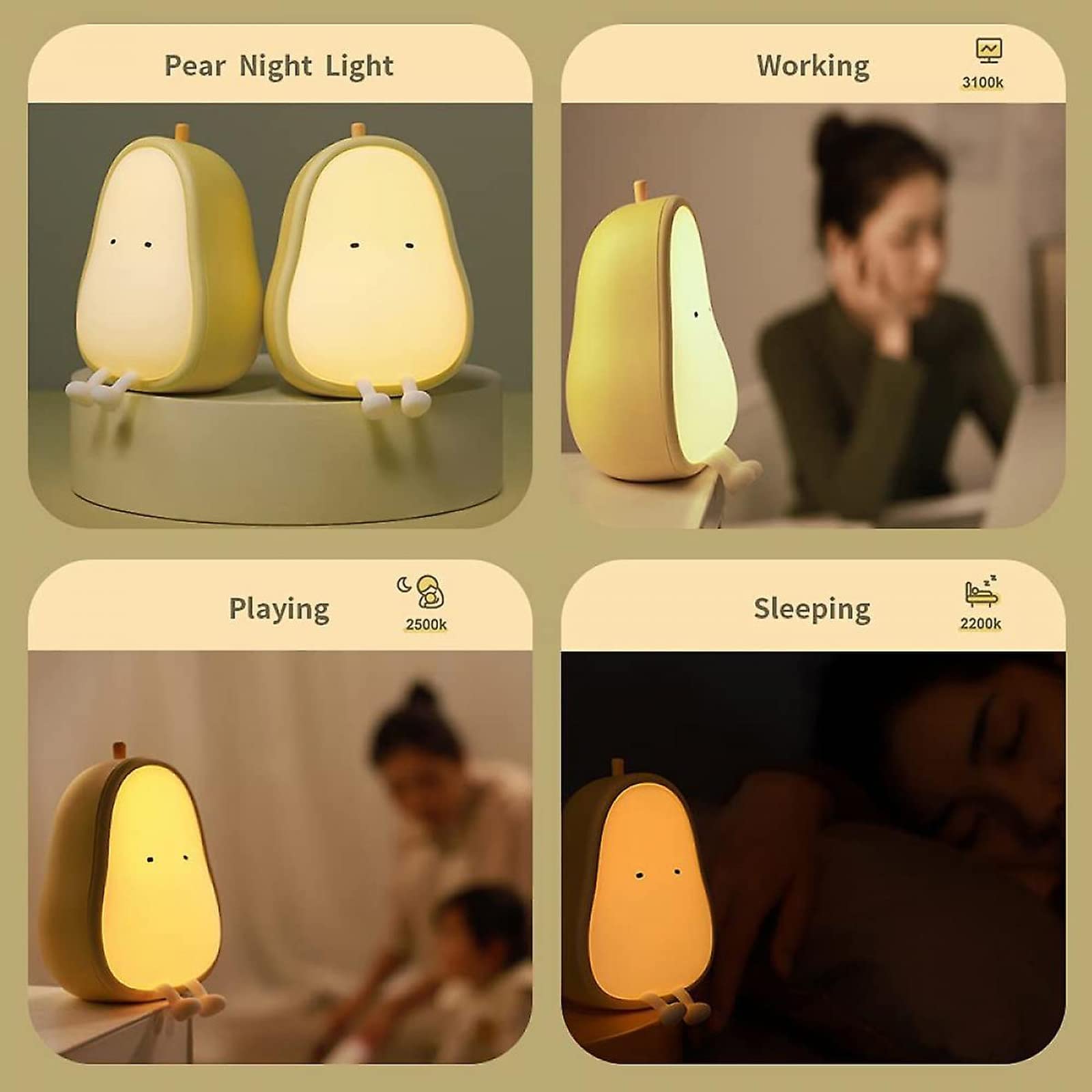 Luce Notturna A Forma Di Pera Per Bambini, Ricaricabile USB, In Silicone E ABS, Luce Calda Regolabile, Gialla - 4