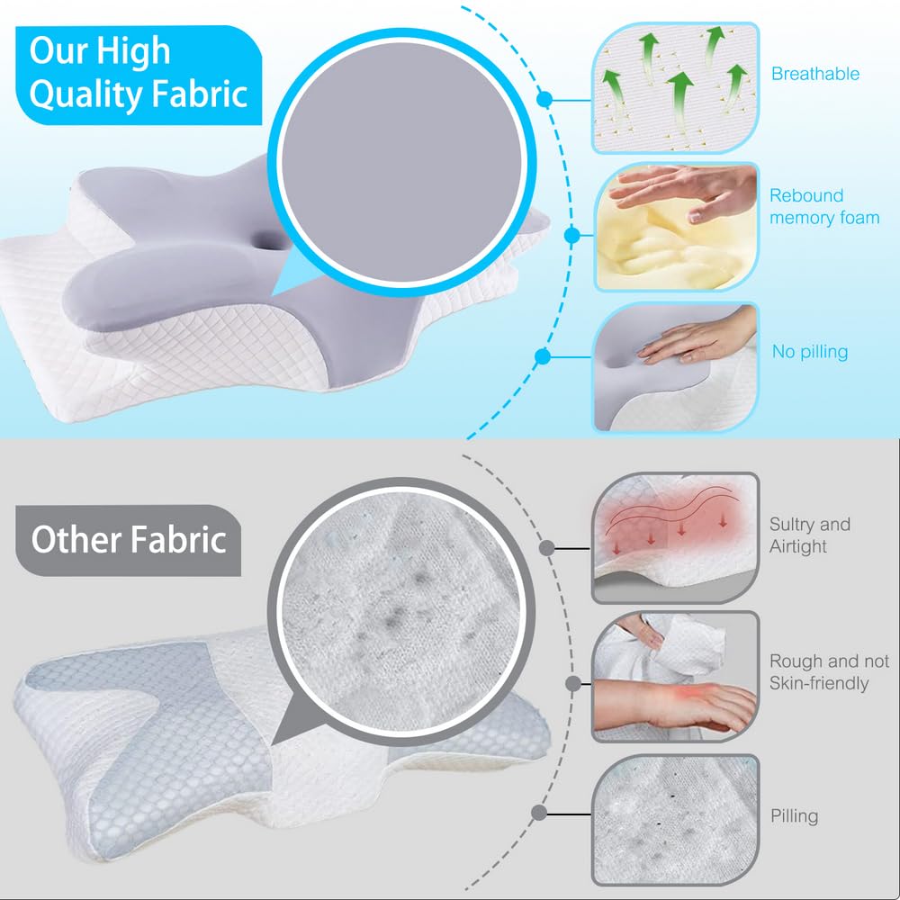 Almohada cervical para cuello y hombro, almohada de espuma viscoelástica, almohada ortopédica ergonómica mejorada para dormir boca abajo, almohada de cama de contorno premium con funda lavable