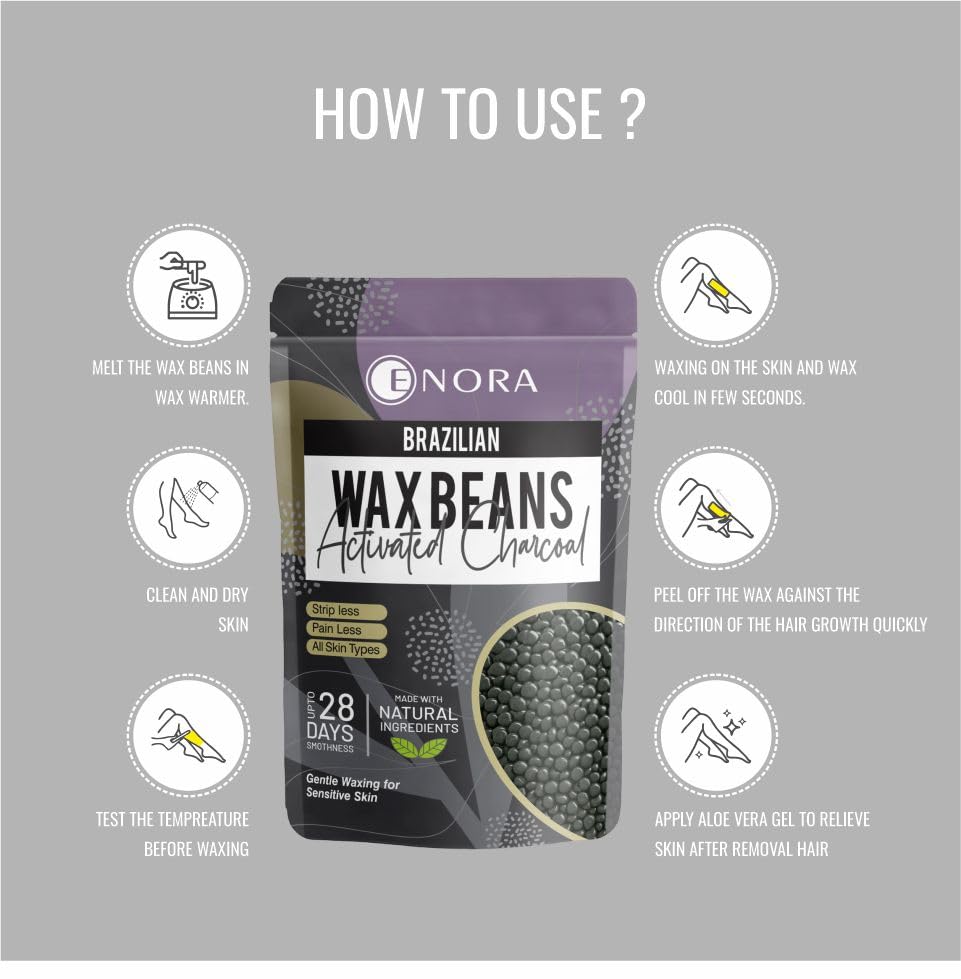 Image of ENORA Brazilian Stripless Wax Beans for Women (250g) | With Wooden Spatula | Natural | For Face, Chin, Hairline, Bikini Area & Full Body Hair Removal (250 Gram, Activated Charcoal)