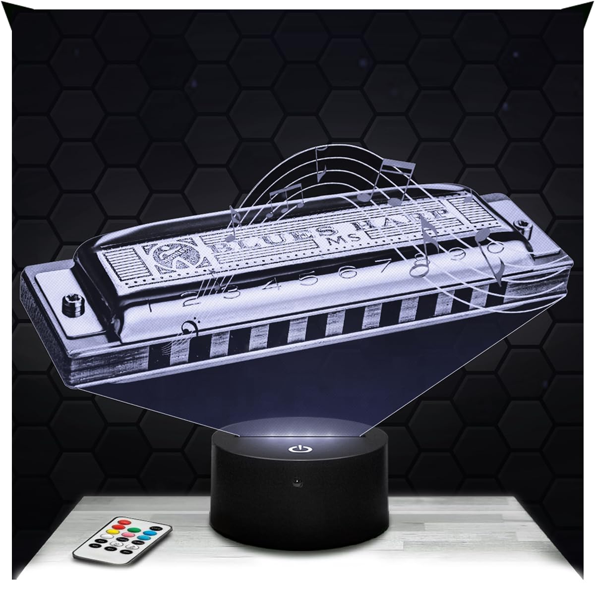 Lampephoto.fr - 3D Harmonica Lamp Gift Harmonica Music Musician, Touch LED Night Light, 3D Hologram Effect, Christmas Birthday Gift Idea for Boy or Girl, Bedroom Decoration Object