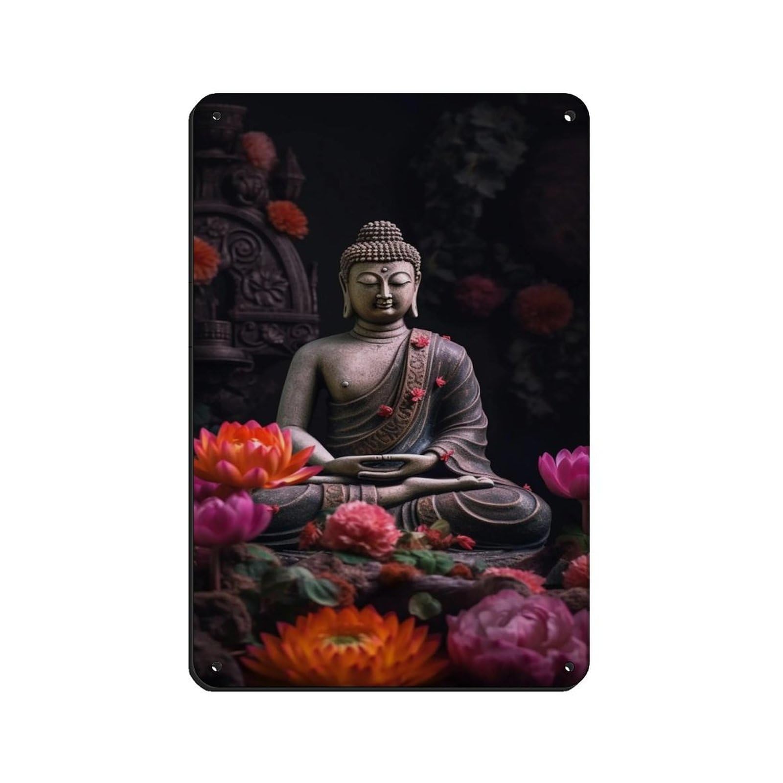 Serene Buddha Surrounded by Vibrant Flowers – Zen Retro Poster Metal Tin Sign Chic Art Retro Iron Painting Bar People Cave Cafe Family Garage Poster Wall Decoration 8x12inch(20x30cm)