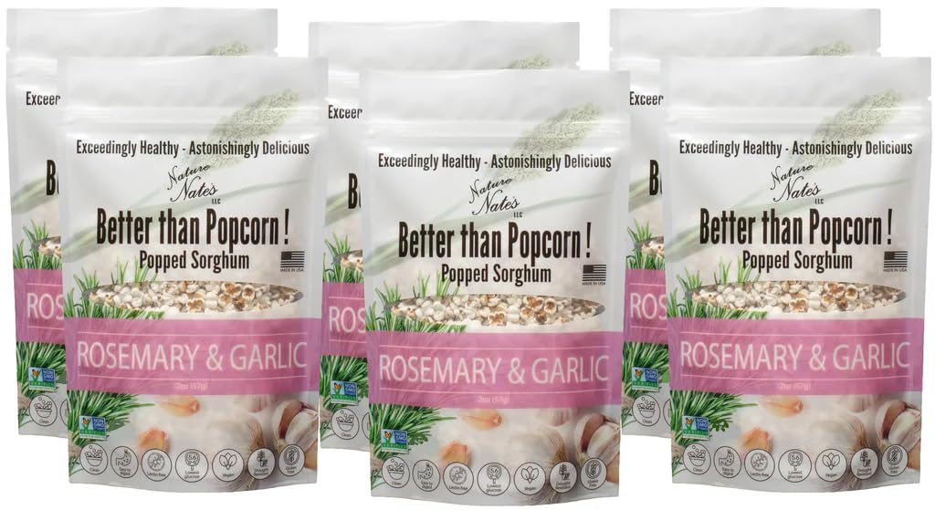 Nature Nate’s Popped Sorghum, Rosemary & Garlic - Organic, Keto & Gluten Free, Healthy Snacks, Better Than Popcorn, Made in USA - 2 Ounce (Pack of 6)