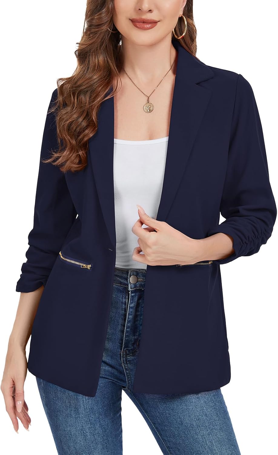 MINTLIMIT Womens Blazer 3/4 Ruched Sleeve Button Front Jackets Casual Work Office Cardigan Suit Jacket with Zipper Pocket - Image 4