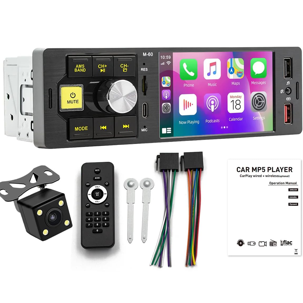 Autoradio 1 Din Bluetooth 5.0 SIXTOP Avec Support Téléphone - Radio FM, MP5, Éclairage 7 Couleurs, Commande Volant, USB/TF/Aux - 9