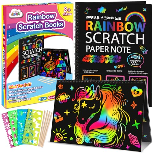 ZMLM Scratch Paper Art-Crafts Notebook: 2 Pack Bulk Rainbow Magic Paper Supplies Toys for 3 4 5 6 7 8 9 10 Years Old Girls Kids Favors Gifts for Birthday Halloween Christmas Party Game