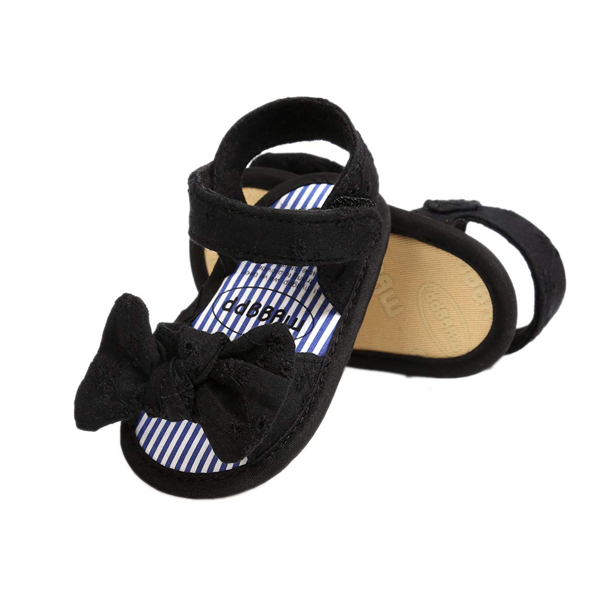 Baby Girls Open Toes Sandals Non-Slip Flat Sole Princess Sandals with Decorative Bow (Black, 6-12 Months)