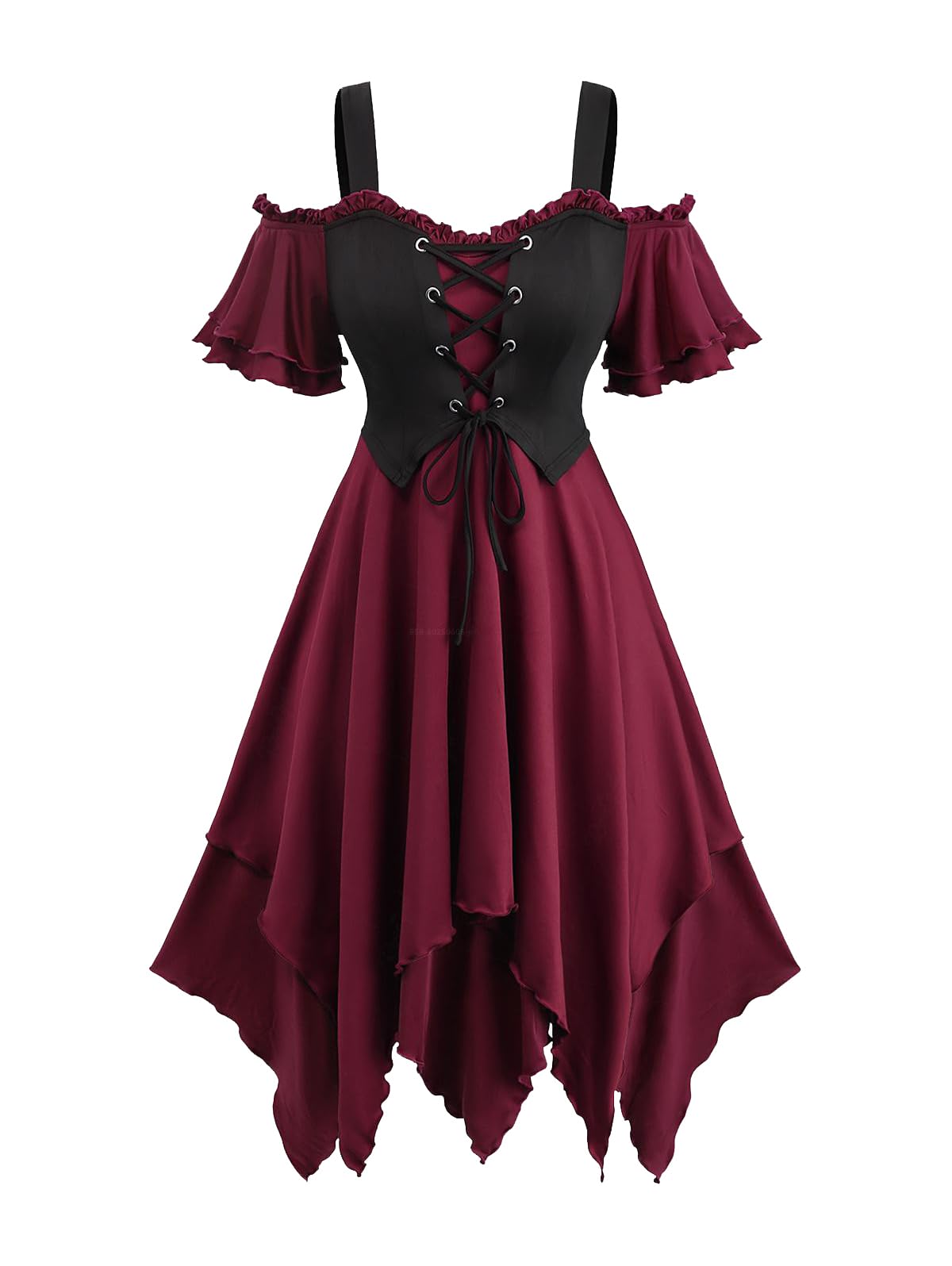 ROSE GAL Women Plus Medieval Renaissance Costume Dress Cold Shoulder Ruffles Layered Lace-up Underbust Corset Dress