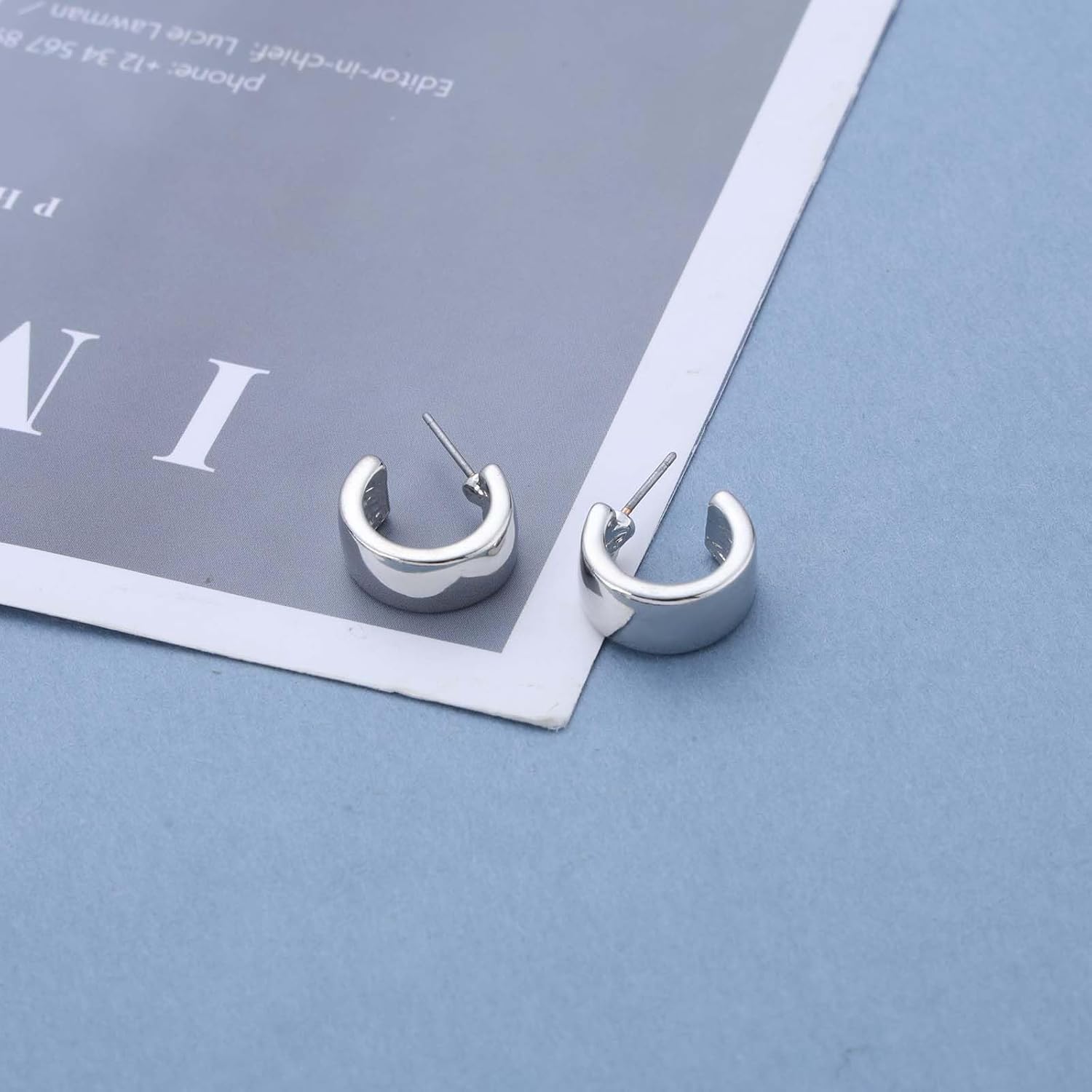 Minimalist Silver Plated Round Hoop Earrings Small Huggie Earrings Polished Wide Half Hoop Earrings Lightweight Metal Hoop Stud Earrings Jewelry for Women - Image 2