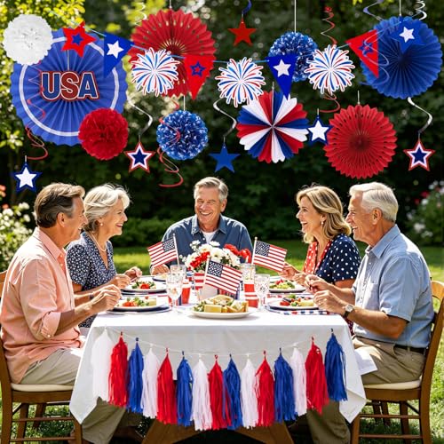 Image of 4th of July Patriotic Decorations 250th Anniversary Red White Blue Paper Fans Pompom Star Tassel Garland Independence Day Hanging Swirls for Fourth of July Memorial Party Supplies Decor