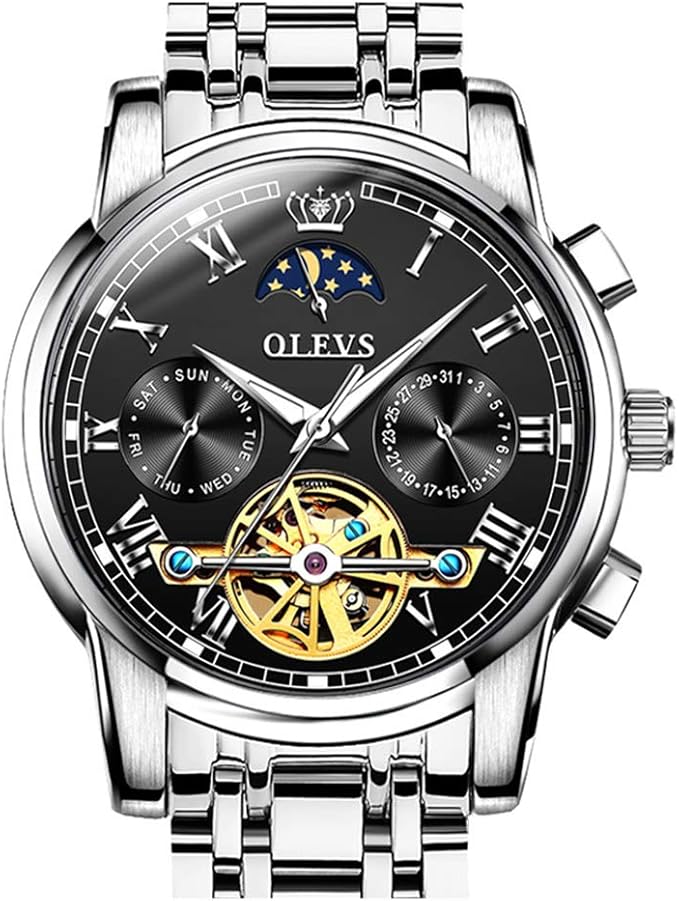 OLEVS Automatic Mechanical Men Watch Tourbillon Moon Phase Black Face