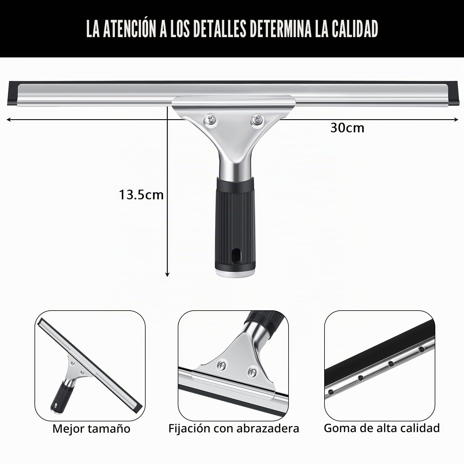 Kasanni Limpiacristales Ducha Profesional 30 cm, Escobilla de Goma para Ventana de Acero Inoxidable para Limpiar y Secar Vidrio, Azulejos, Ventanas, para Eliminar Cualquier Resto de Agua (Negro)
