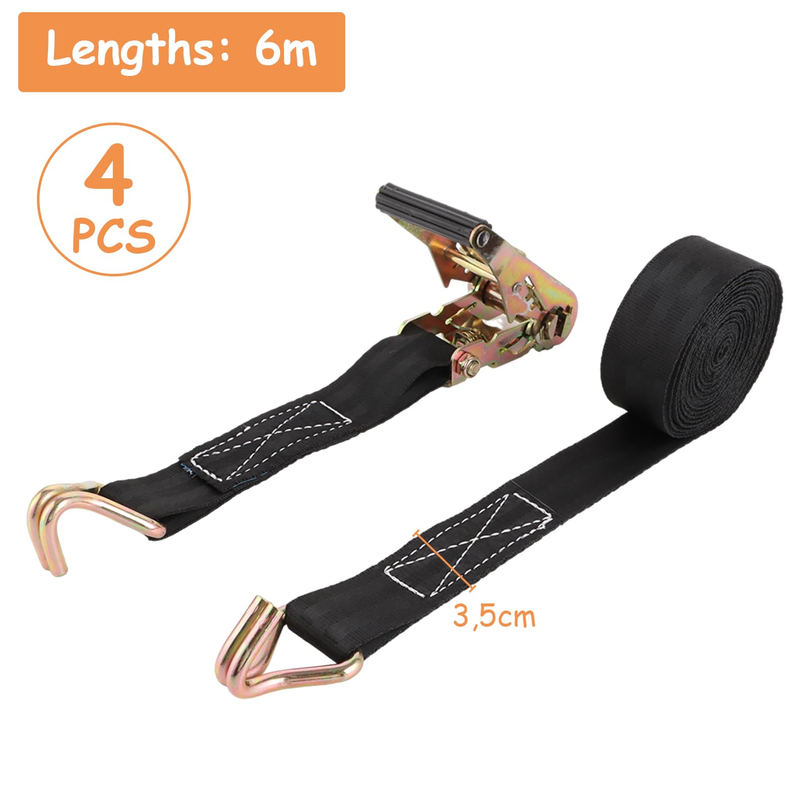 SENENQU 4 Pezzi Cinghie a Cricchetto Nere 6 m X 38 mm, Cinghie di Fissaggio in Poliestere con Ganci a J, Nastro di Serraggio con Etichetta CE per Auto Camion Barca