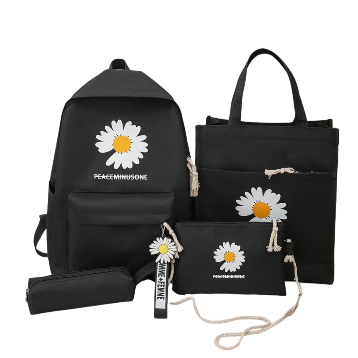 semmoi 4 Pcs Daisy Daypack Set, Floral Backpack, Kawaii Backpack, Y2k Aesthetic Cute Backpack, Comes with Floral Pins (Black)
