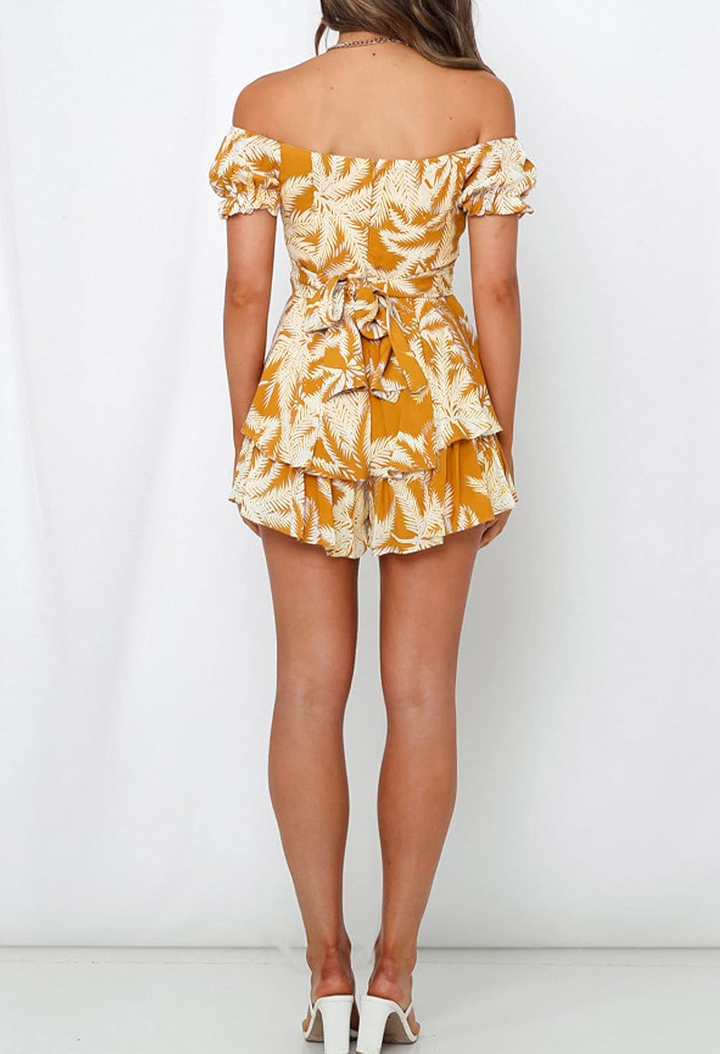 Fixmatti Women Boho Romper Off Shoulder Ruffle Chiffon Shorts Jumpsuit Playsuits - Image 5