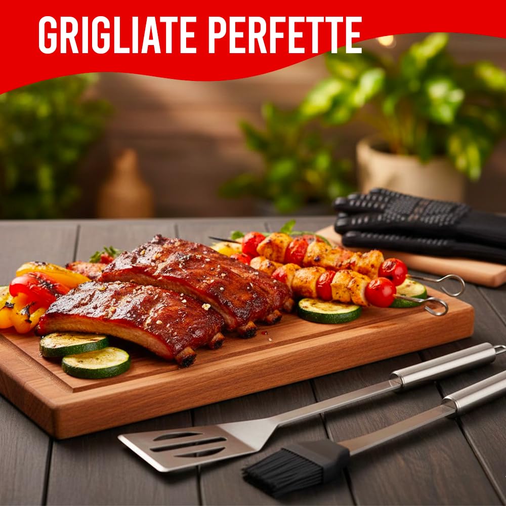 Set 9 Pezzi Utensili Barbecue Professionali in Acciaio Inox | Kit Accessori BBQ Completo, Con Custodia, Per Griglia, Camino, Forno, Grigliate da Giardino