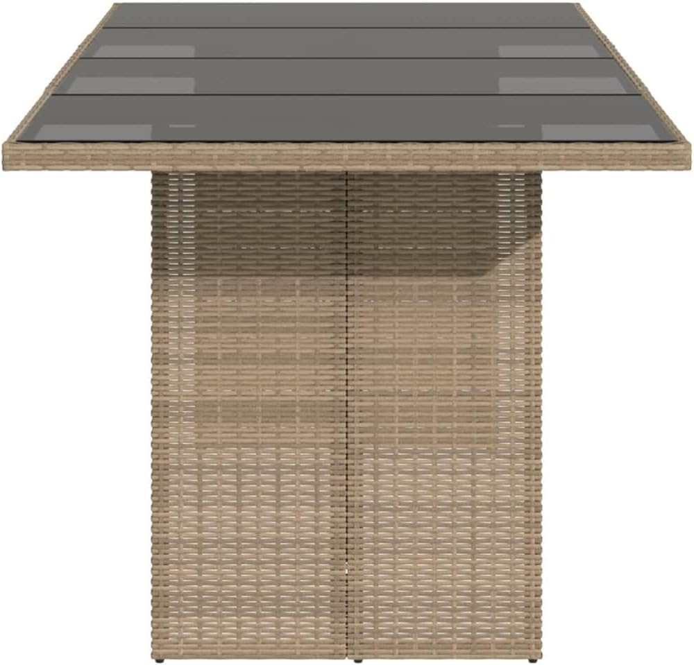 Modern Rectangular Garden Coffee Table Beige PE Rattan with Tempered Glass Top Durable Outdoor Patio Furniture for Alfresco Dining and Social Gatherings