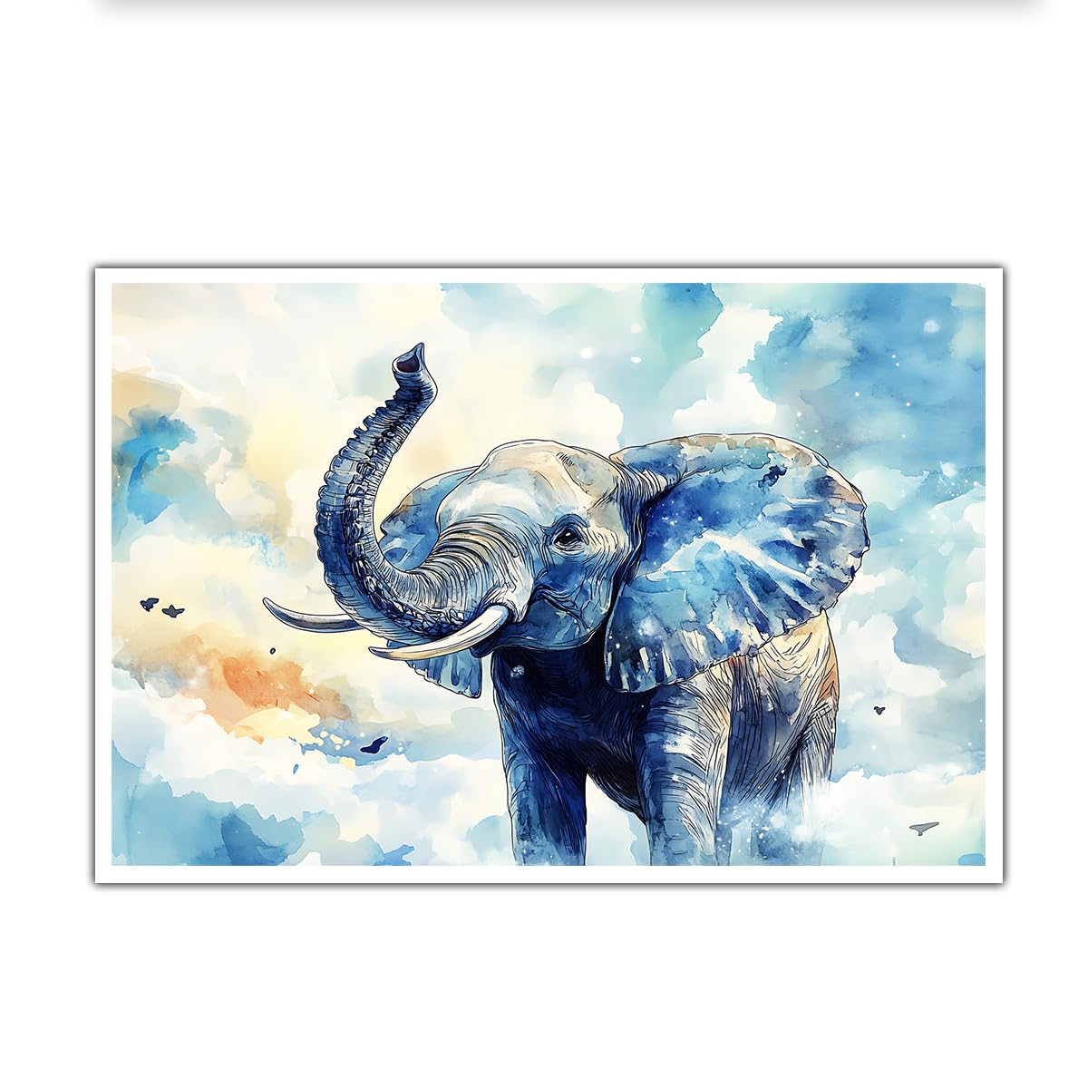 CHERHERART Blue Watercolor Elephant Canvas Picture Dreamy Sky & Birds Poster Prints Lucky Whimsical Animal Canvas Wall Art for Bedroom Nursery 45x70cm Frameless