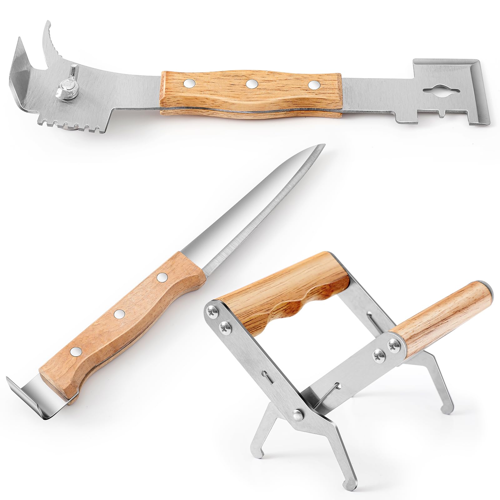 3 Pcs Beekeeping Tools Kit Beehive Tools Include Multipurpose Steel Hive Tool, Bee Hive Frame Grip, Serrated Uncapping Knife, Stainless Steel