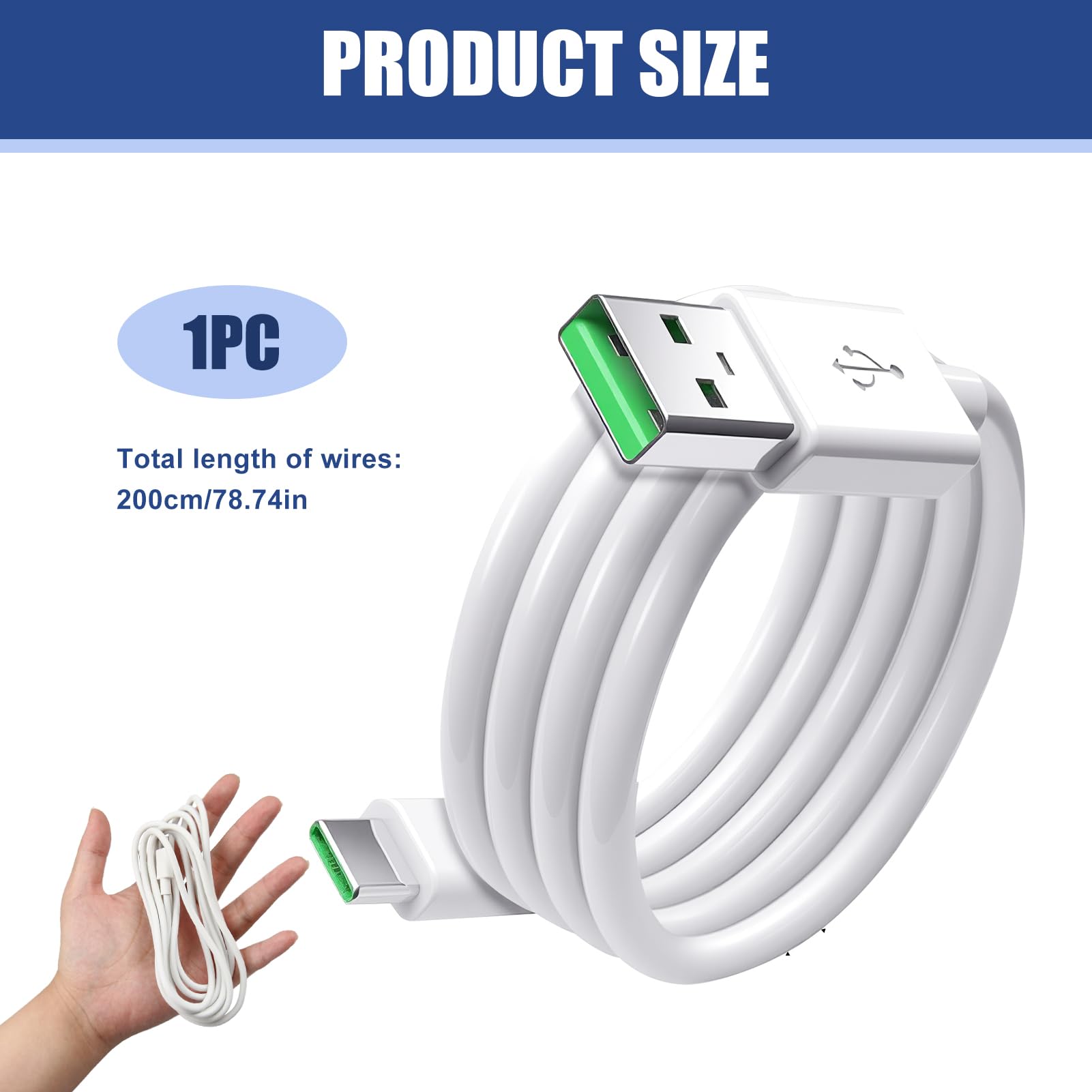 Cavo USB-A / USB-C 1.8m 65W 5A Per Ricarica Veloce SUPERVOOC – Compatibile Con OPPO, Realme, OnePlus – Trasferimento Dati 480Mbps – Colore Bianco
