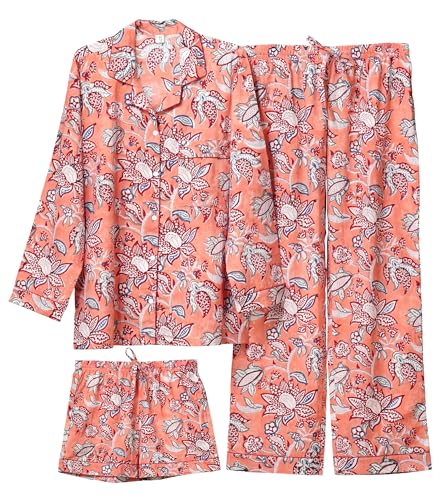 Image of Huar Women Pajama Set, 4 pcs Button Down Vacation Beach Cotton Set, Lounge wear PJ Set For Birthday